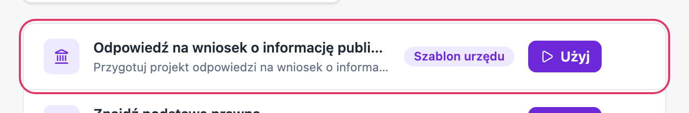 Wiersz listy szablonów: nazwa szablonu, opis pod nią, oznaczenie „Szablon urzędu” i fioletowy przycisk „Użyj” po prawej stronie.